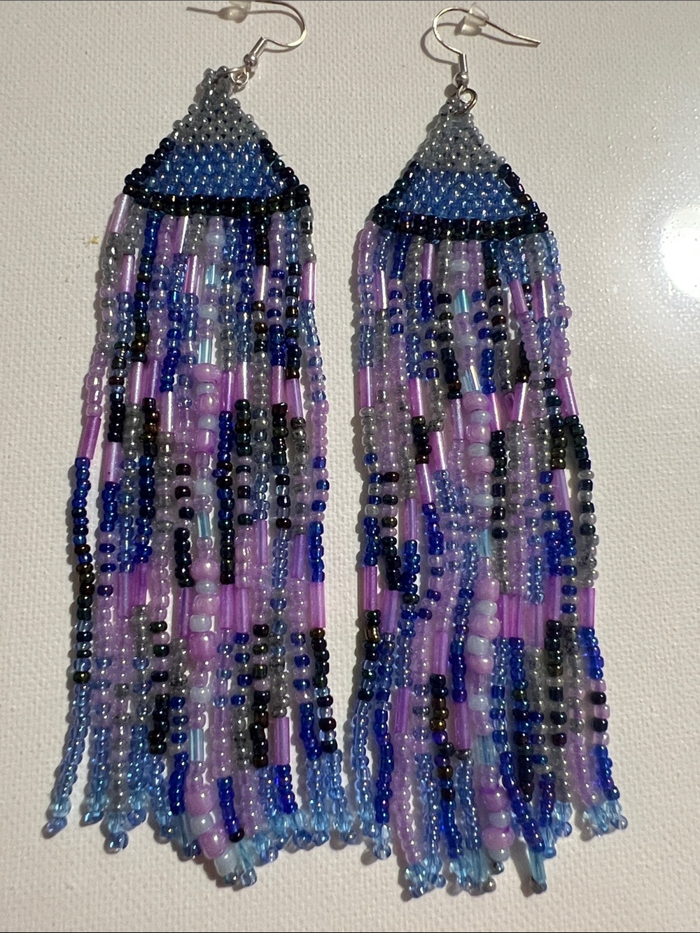 Lavender & Blue Beaded Fringe Earrings
